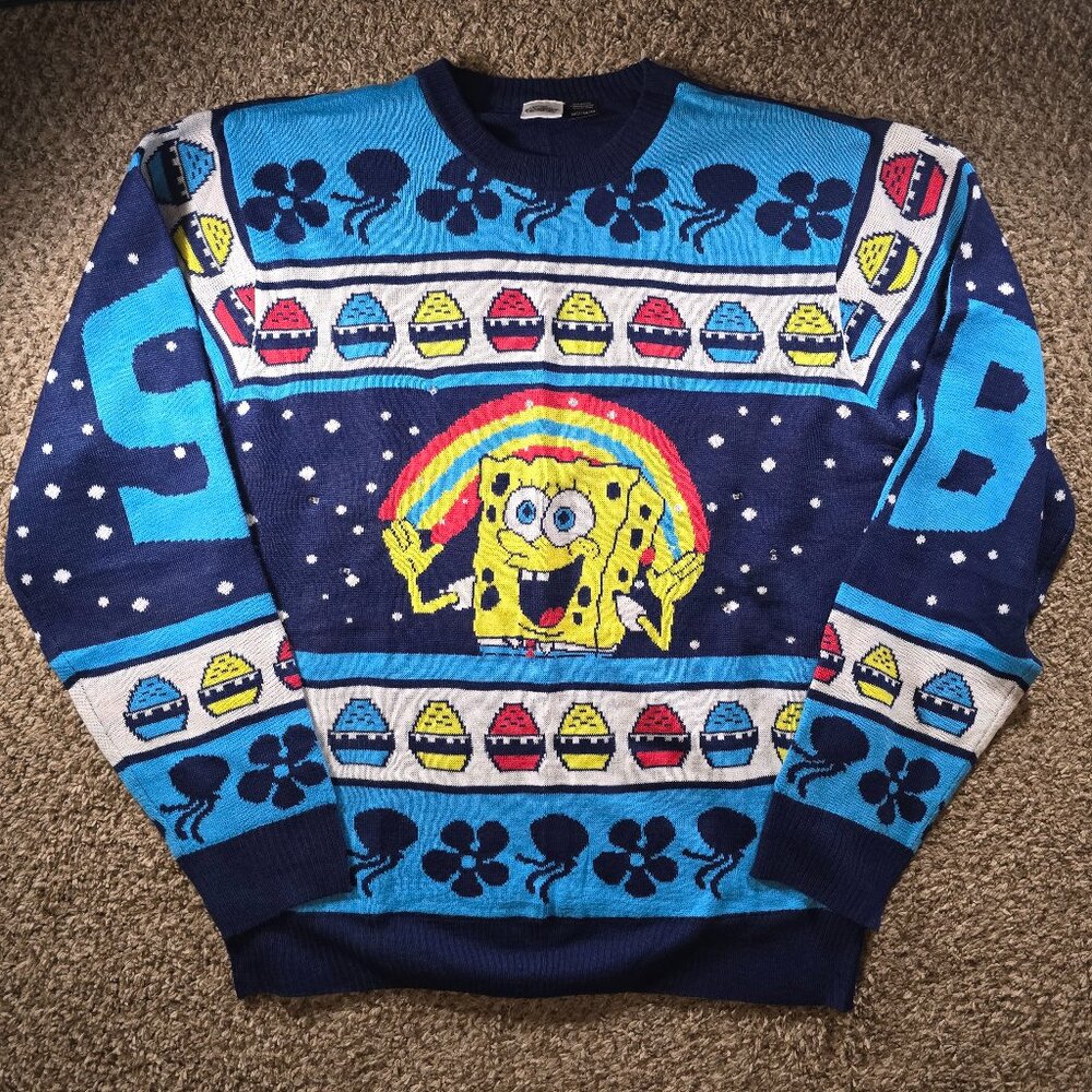 Spongebob Squarepants Light Up Ugly Christmas Sweater Men's Size Medium Blue